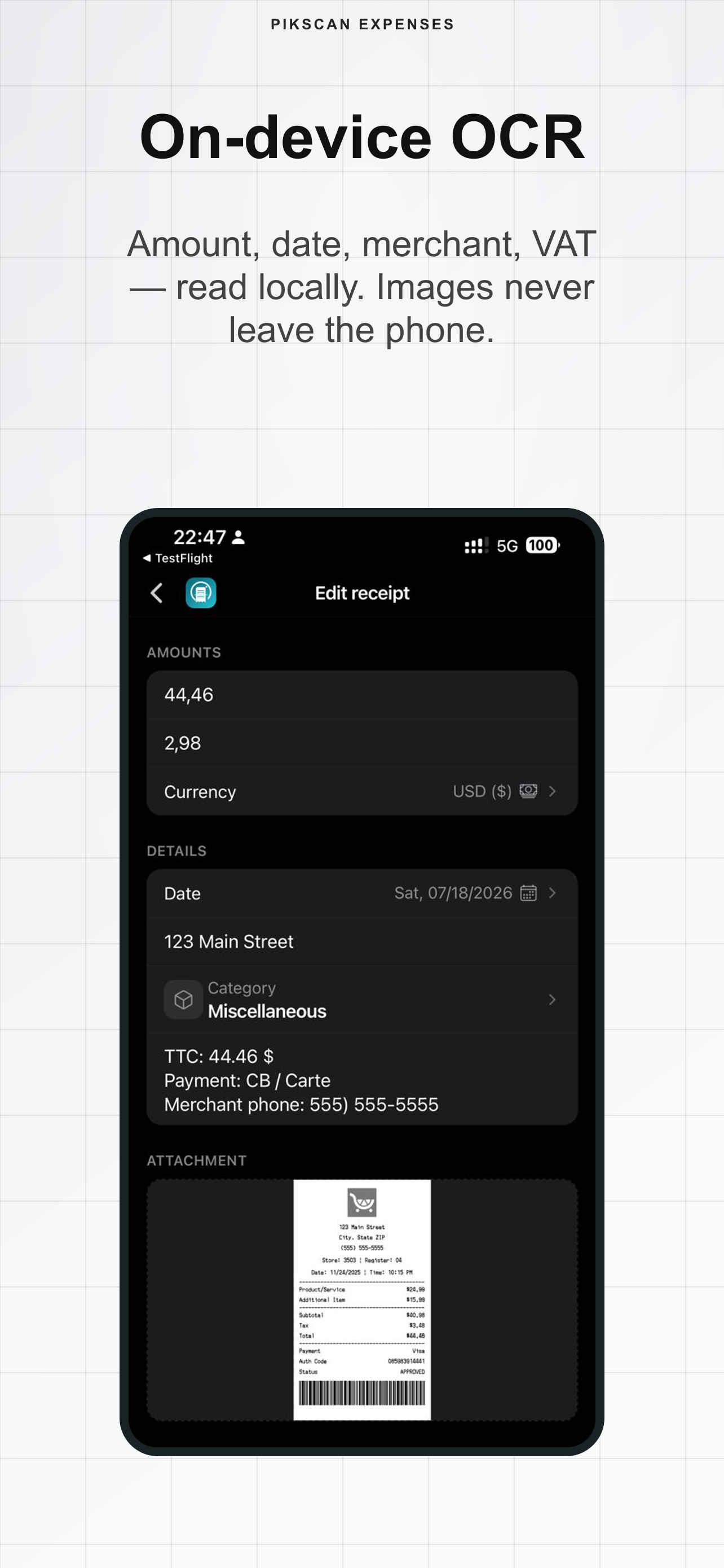 Receipt scan with on-device OCR