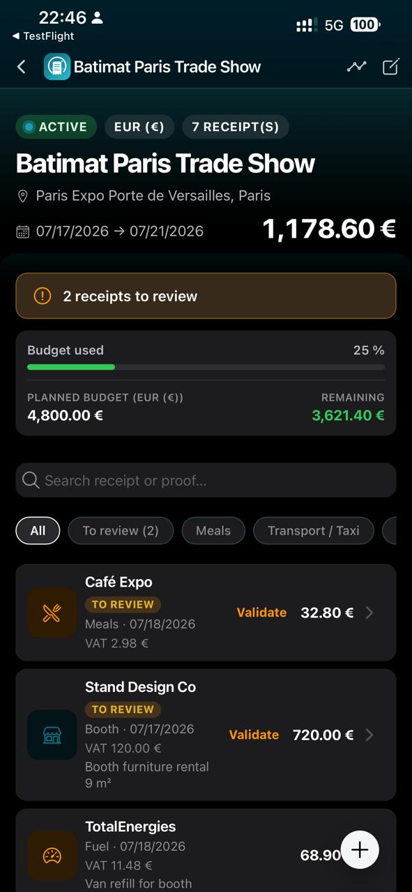 Expense note detail and status