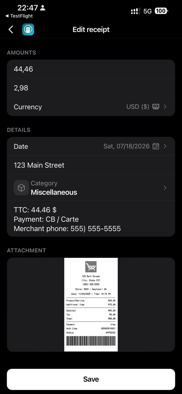 Receipt scan with on-device OCR